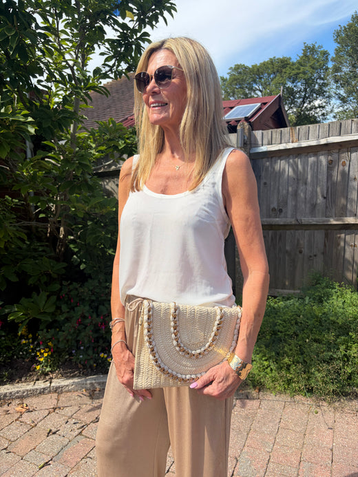 Cassie cream embellished fold over clutch