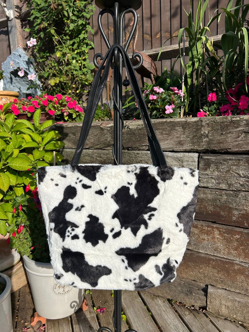 Cow Print Faux Fur Shopper (Black)