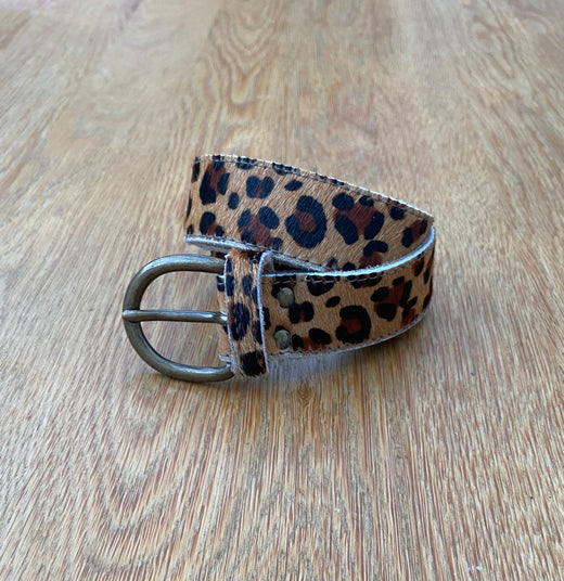 Tan leopard print leather belt